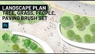 Landscape plan rendering and tree, grass, people, paving brush set