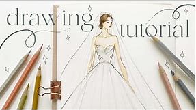 How to Draw a Wedding Dress with Coloured Pencils ✨ fashion drawing tutorial
