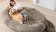 Homguava Large Human Dog Bed 72"x48"x10" Human-Sized Big Dog Bed for Adults&Pets Giant Beanbag Bed with Washable Fur Cover,Blanket and Strap(Large, Gradient Brown)