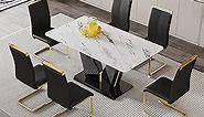 Black and White Dining Table Set for 6 Modern 63" Marble Kitchen Table and 6 Upholsted Chair with Golden Leg Luxury Rectangle Dining Room Table Chair Set(1White Table+6Balck Chairs)
