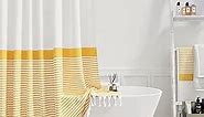 Dynamene Yellow Fabric Shower Curtain, Farmhouse Boho Striped Tassel Shower Curtain for Bathroom, Bohemian Linen Textured Cloth Shower Curtain Set with Hook, Water Repellent, Wrinkle Free, 72x72