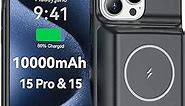 NEWDERY Battery Case for iPhone 15 Pro/iPhone 15 10000mAh, USB C Magnetic Qi Wireless Charging Case, Portable Rechargeable Extended Charger Case Battery Pack - 2023 Release Black