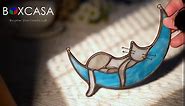 BOXCASA Stained Glass Cat on Moon Gifts,Sleeping Cat Gifts for Cat Lovers,Handcrafted Grey Cat Suncatchers for Stained Glass Window Hangings,Funny Cat Themed Gifts for Girls,Mom or Women