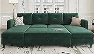 HONBAY Sleeper Sectional Sofa Set Velvet U Shaped Couch with Storage Ottoman 4-Seat Sectional Sofa Set for Living Room, Green