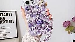 for Galaxy A32 5G Bling Floral Case,Luxury Crystal Rhinestone Flowers Glitter Diamond Pearl Women Girls Kids Case Cover with Lanyard for Samsung Galaxy A32 5G