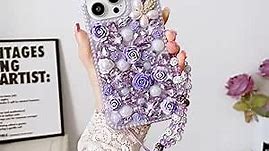 Threesee for iPhone Xr Bling Floral Case,Luxury Crystal Rhinestone Flowers Glitter Diamond Pearl Women Girls Kids Case Cover with Lanyard for iPhone Xr 6.1 inch