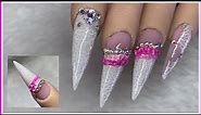 Pink And White Acrylic Nails - Encapsulated Stamp Design - 3D Gel Nail Art