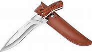 FLISSA Hunting Knife with Leather Sheath, 11-5/8 inch Fixed Blade Full-Tang Construction, Ergonomic Wood Handle Knife for Outdoor Survival, Camping, Hiking, Brushcraft, Gift for Dad Husband Men