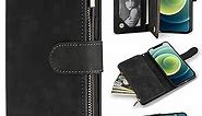 ZZXX iPhone 12 Mini Wallet Case with Card Slot Premium Soft PU Leather Zipper Flip Folio Wallet with Wrist Strap Kickstand Protective for iPhone 12 Mini Case Wallet(Black 5.4 inch)