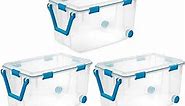 Sterilite 120 Qt Wheeled Gasket Box, Stackable Storage Bin with Latching Lid, Handle and Tight Seal, Plastic Container with Clear Base and Lid, 3-Pack