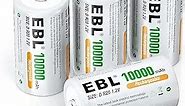 EBL D Cell Batteries 10,000mAh Ultra Pro Ni-MH Rechargeable D Batteries, 4-Pack(Battery Storage Case Included)