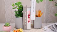 Decorative Bookends, Concrete Planter Bookends, Heavy Duty Book Ends Non-Skid, Vase for Flowers and Pencil Holder, Cement Decor, Book Holders, Bookends for Shelves (Light Gray)