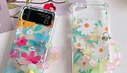 Cute Daisy Phone Case Compatible with Samsung Galaxy Z Flip 3 Hard Cover with Flower Wrist Strap Chain for Z Flip3 5G Acrylic Shockproof Cases - Clear