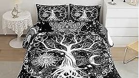 Tree of Life Queen Comforter Set Hippie Gothic Moth Bedding Comforters & Sets, Sun and Moon Comforter Psychedelic Galaxy Trippy Stars Quilted Comforter, Black and White Bedroom Decor Microfiber Cozy