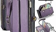 Crossbody for iPhone 15 Plus Wallet Case【RFID Blocking】with 10-Card Holder Zipper Bills Slot, Soft PU Leather Magnetic Wristlet Shoulder Strap for iPhone 15 Plus Case Wallet for Women, Purple