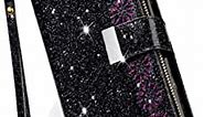 iPhone 13 Phone Case Wallet,Kudex Sparkly Bling Glitter Girly Folio Leather Full Body Protection Zipper Pocket Magnet Clasp Folding Phone Purse with Wrist Strap Card Holder for iPhone 13(Black)