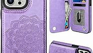 MMHUO for iPhone 14 Pro Case with Card Holder, Flower Magnetic Back Flip Case for iPhone 14 Pro Wallet Case for Women, Protective Case Phone Case for iPhone 14 Pro,Purple