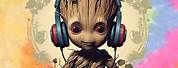 Rocket Listening to Headphones with Baby Groot