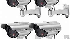 F FINDERS&CO Solar Powered Dummy Security Camera, Bullet Fake Surveillance System with Realistic Red Flashing Lights and Warning Sticker Indoor Outdoor (4, Silver)
