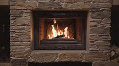 Classic stone fireplace with a bright flame burning wood