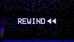 Videocassette recorder (VCR). Rewind sign, arrows. VHS defects, artifacts and noise. Glitches of old damaged tape cassettes. Static dynamic TV noise on display or screen. Retro vintage 4K texture
