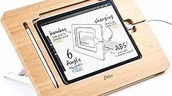 ELETIUO Upgraded Bamboo Wooden Drawing Ipad Holder with Pencil&Charger Cable Slot, Multi-Angle Adjustable Tablet Desktop,Foldable Portable Stand,Compatible with 12.9 inch ipad pro 3rd/4th/ 5th Gen