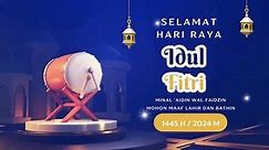 Selamat hari raya idul fitri. Translation: Happy Eid al Fitr. Animated 3D realistic bedug (Indonesian drum) with golden lantern on blue background