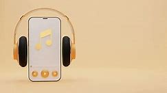Yellow and white wireless headphone with smartphone run music application on yellow background Concept for online music, radio, listening to podcasts, books at full volume.3d illustration 4k video