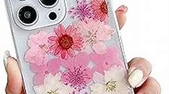 JANDM Real Flower iPhone 15 Plus Case, Clear Soft Flexible Rubber Pressed Dry Real Flower Girls Women Glitter Floral Case for iPhone 15 Plus -Pink