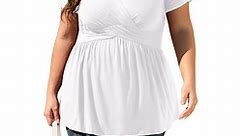 Uvplove Women's Plus Size V Neck Summer Tops Shirt Casual Low Cut Curvy Tee Shirt Dressy Knit Tunic Short Sleeve,White-3XL