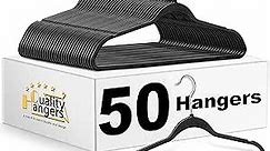 Quality Hangers 50 Pack Slim Plastic Hangers for Clothes - Heavy Duty Non-Velvet Black Hangers with 360° Swivel Chrome Hook & Non Slip Notches - Ideal for Dresses Coats Shirts Jackets & More - Black