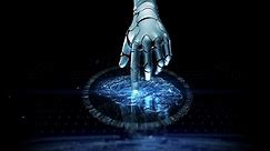 Close-up Artificial Intelligence Concept: Robot Activate Futuristic Web Quantum AI Arm Touch Screen Button. 3D Visualization of Computer Technology Digitalization Brain Abstract Cyber HUD Animation 4k