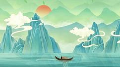 Chinas traditionelle orientalische digitale Kunst Animation, chinesische Malfarbe in Bergen mit Blumen, Bäumen, Vögeln, Fluss in Nebel Hintergrund Kunstwerke. Chinesische Landschaft, Landschaftskunst, nebelige Berge