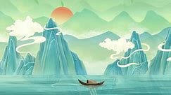 Chinas traditionelle orientalische digitale Kunst Animation, chinesische Malfarbe in Bergen mit Blumen, Bäumen, Vögeln, Fluss in Nebel Hintergrund Kunstwerke. Chinesische Landschaft, Landschaftskunst, nebelige Berge
