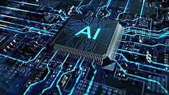 Futuristic High-Tech Concept Visualization: Motherboard CPU Processor Microchip Starting Artificial Intelligence Digitalization of Data information Processing. Digital Lines Connect into AI Symbol