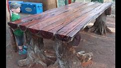 With a Chainsaw I Make a Rustic Log Furniture Table, using Tree Stumps for the Table Legs.
