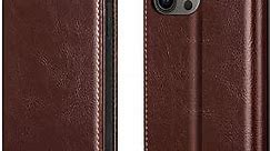 Belemay iPhone 12/12 Pro Wallet Case - Genuine Leather, RFID Blocking, Card Holder, TPU Shell, Kickstand, Brown