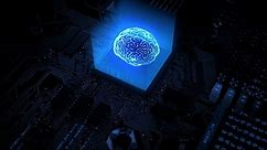 Rotate glowing blue human brain circuit on microchip on computer motherboard, 3D Rendering of Artificial Intelligence hardware concept