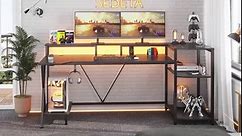 SEDETA Gaming Desk 70.8'' with LED Lights and Storage Shelves, Computer Desk with Monitor Stand, Power Outlets and Cup Holder, Large PC Gamer Desk, Gaming Table for Bedroom, Living Room, Black