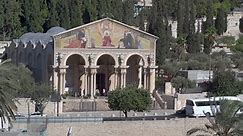 The Church of All Nations and the building of the Church of St. Mary Magdalene in the Gethsemane Garden of Jerusalem.