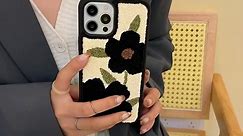 Tewwsdi Furry Black Flower Case for iPhone 15,Retro Aesthetic Phone Case Cute Fuzzy Case for iPhone 15 Warm Fur,Girly Fluffy Case Protective for iPhone 15(Black Flowers)