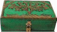 Handmade Decorative Wooden Jewelry Box Tree Of Life Carving & Lock & Key Jewelry Organizer Keepsake Box Treasure Chest Trinket Holder Watch Box Storage Lock Box 8 x 5 Inches (Green)