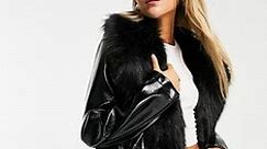 Topshop PU & faux fur trim short belted coat in black | ASOS