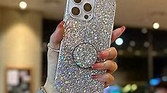 Case for iPhone 12 and iPhone 12 Pro Case Glitter Bling for Women Girls Sparkle Cover with Ring Stand Holder Cute Protective Phone Cases 6.1 inch (Silver)