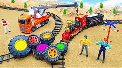 Bridge Construction Vehicles, Road Roller, Fire Truck, Train,Transporting Cars Pass Over Train