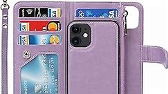 iCoverCase for iPhone 12 Mini Wallet Case with Card Holder and Wrist Strap, PU Leather Kickstand Card Slots Zipper Pocket Magnetic [Detachable] Flip Cover Case 5.4 Inch (Purple)