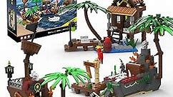 Mesiondy Pirate Ship Building Brick Toy Set - 497pcs, Shoal Island, Pirate Repair Port, with Sharks, Crow, Sunken Treasure for 7-9year boy
