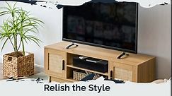 Labcosi Natural Rattan TV Stand for 55 Inch TV, Mid Century Modern TV Console with Open Storage Shelf and Doors, Entertainment Center for Living Room