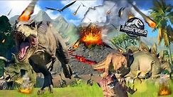 Dinosaurs escaping from erupting volcano in Isla Nublar + Being rescued,Jurassic world evolution 2