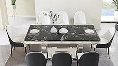 9 Piece Dining Room Table Set, 79" Luxury Marble Dining Table Set for 8 Seat, Rectangular Stone Dining Table with 8 Black and White Dining Chairs Dining Table Set Suitable Home, Office